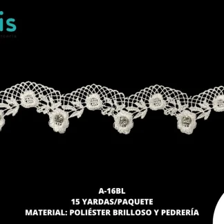 GUIPIUR POLIESTER BRILLOSO DECORADO A-16BL BLANCO 15 YARDAS/PAQUETE