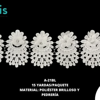 GUIPIUR POLIESTER BRILLOSO DECORADO A-21BL BLANCO 15 YARDAS/PAQUETE