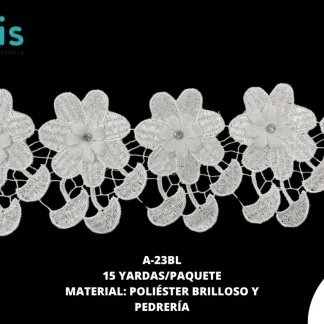 GUIPIUR POLIESTER BRILLOSO DECORADO A-23BL BLANCO 15 YARDAS/PAQUETE