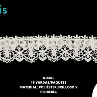 GUIPIUR POLIESTER BRILLOSO DECORADO A-25BL BLANCO 15 YARDAS/PAQUETE