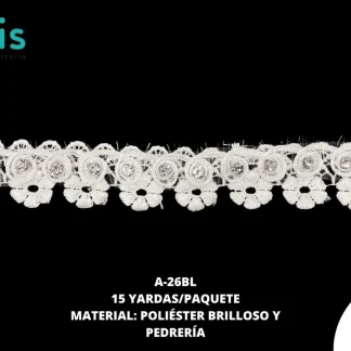 GUIPIUR POLIESTER BRILLOSO DECORADO A-26BL BLANCO 15 YARDAS/PAQUETE
