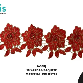GUIPIUR BORDADO 3D CON PERLA DORADA A-30RJ 14 cm 10 YDS/PQT ROJO