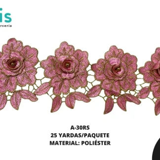 GUIPIUR BORDADO 3D CON PERLA DORADA A-30RS 14 cm 10 YDS/PQT ROSADO