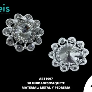 BOTON FINO FLOR CON PIEDRA ABT1997 28mm 50 PZ/PQT PLATA