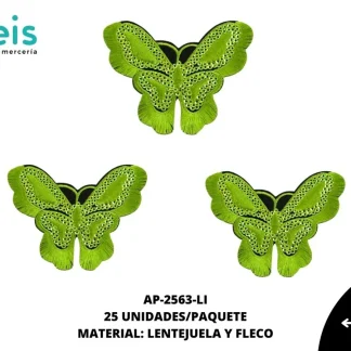 ACCESORIOS MARIPOSAS LENTEJUELA CON FLECO AP-2563-LI 90mmX70mm 25 PZ/PQT LIMON