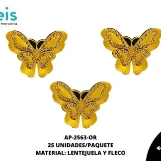 ACCESORIOS MARIPOSAS LENTEJUELA CON FLECO AP-2563-OR 90mmX70mm 25 PZ/PQT DORADO