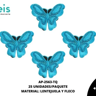 ACCESORIOS MARIPOSAS LENTEJUELA CON FLECO AP-2563-TQ 90mmX70mm 25 PZ/PQT TURQUESA