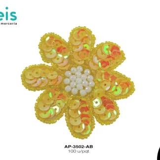 PARCHES LENTEJUELA FLOR CON PEDRERIA AP-3502-AB 6cmX6cm 100 PZ/PQT AMARILLO BOREAL