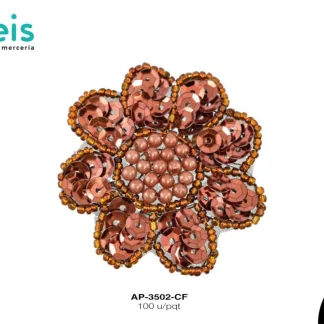 PARCHES LENTEJUELA FLOR CON PEDRERIA AP-3502-CF 6cmX6cm 100 PZ/PQT CAFEL