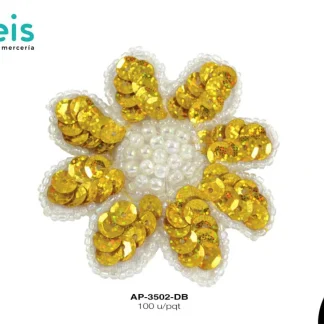 PARCHES LENTEJUELA FLOR CON PEDRERIA AP-3502-DB 6cmX6cm 100 PZ/PQT DORADO/BLANCO