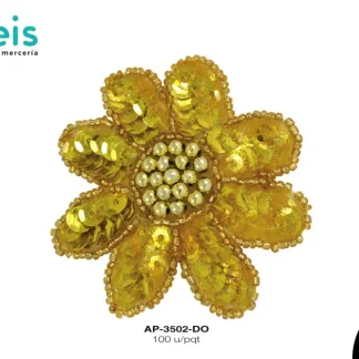 PARCHES LENTEJUELA FLOR CON PEDRERIA AP-3502-DO 6cmX6cm 100 PZ/PQT DORADO