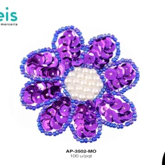 PARCHES LENTEJUELA FLOR CON PEDRERIA AP-3502-MO 6cmX6cm 100 PZ/PQT MORADO