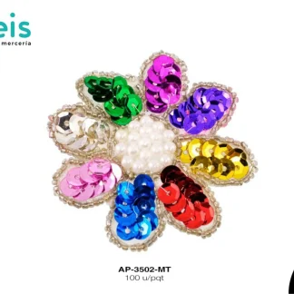 PARCHES LENTEJUELA FLOR CON PEDRERIA AP-3502-MT 6cmX6cm 100 PZ/PQT MULTICOLOR