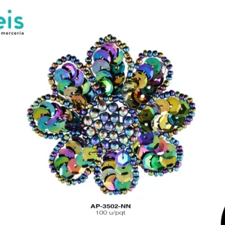 PARCHES LENTEJUELA FLOR CON PEDRERIA AP-3502-NN 6cmX6cm 100 PZ/PQT NEGRO BOREAL