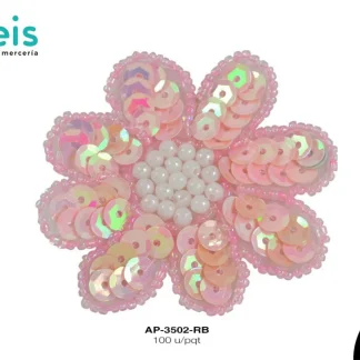 PARCHES LENTEJUELA FLOR CON PEDRERIA AP-3502-RB 6cmX6cm 100 PZ/PQT ROSA BOREAL