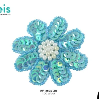 PARCHES LENTEJUELA FLOR CON PEDRERIA AP-3502-ZB 6cmX6cm 100 PZ/PQT AZUL BOREAL