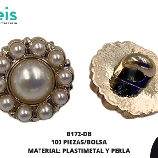 BOTON PLASTICO PATA DECORADOS PERLA B172-DB 24L (15mm) 100 PZ/PQT DORADO/CRISTAL