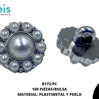 BOTON PLASTICO PATA DECORADOS PERLA B172-PC 24L (15mm) 100 PZ/PQT PLATA/CRISTAL