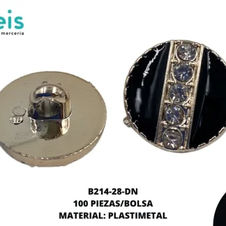 BOTON FINO CON PIEDRA B214-28-DN 28L (18mm) 100 PZ/PQT DORADO/NEGRO