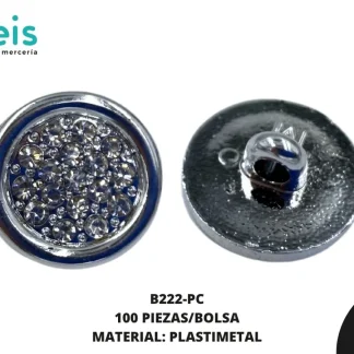 BOTON PLASTICO PATA DECORADOS CON PIEDRA B222-PC 28L (18mm) 100 PZ/PQT PLATA/CRISTAL