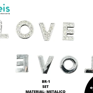PEDRERIA FINA LETRAS CON PIEDRA LOVE 1.0 CM BR-1 BAG X SET PLATA+CRISTAL