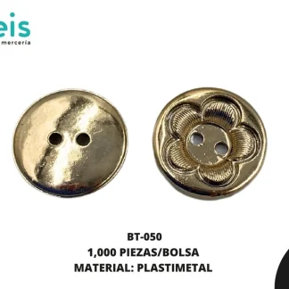 BOTON PLASTICO 2 HUECOS FLOR BT-050 20L (12.5mm) 1,000 PZ/PQT DORADO