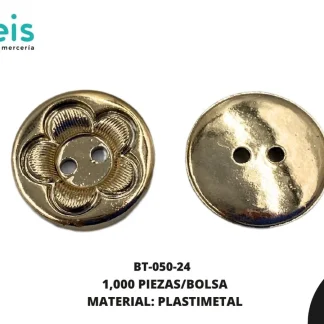BOTON PLASTICO 2 HUECOS FLOR BT-050-24 24L (15mm) 1,000 PZ/PQT DORADO