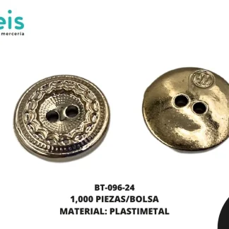 BOTON PLASTICO 2 HUECOS BT-096-24 24L (15mm) 1,000 PZ/PQT DORADO