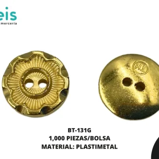 BOTON PLASTICO 2 HUECOS FLOR BT-131G 24L (15mm) 1,000 PZ/PQT DORADO AMARILLO