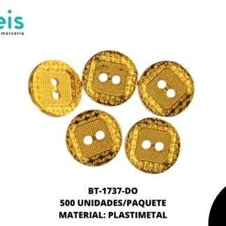 BOTON PLASTICO 2 HUECOS BT-1637-DO 20L (12.5mm) 500 PZ/PQT DORADO