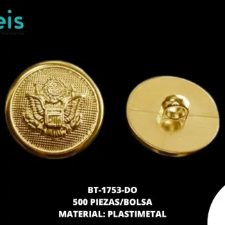 BOTON PLASTICO ESCUDO BT-1753-DO 34L (21.5mm) 500 PZ/PQT DORADO