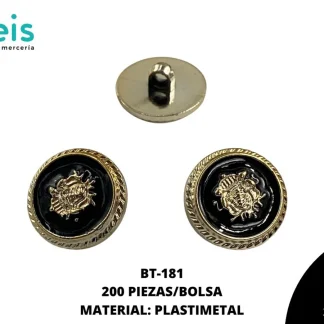 BOTON PLASTICO PATA DECORADO ESCUDO BT-181 34L (21.5mm) 200 PZ/PQT UV DORADO/NEGRO