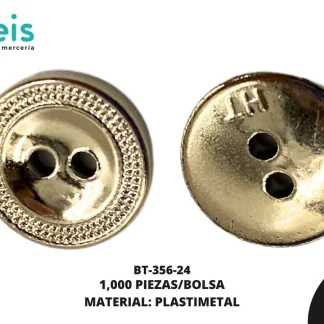 BOTON PLASTICO 2 HUECOS BT-356-24 24L (15mm) 1,000 PZ/PQT DORADO