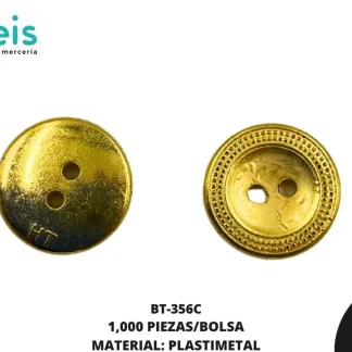 BOTON PLASTICO 2 HUECOS BT-356C 20L (12.5mm) 1,000 PZ/PQT DORADO AMARILLO