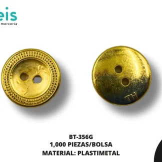 BOTON PLASTICO 2 HUECOS BT-356G 24L (15mm) 1,000 PZ/PQT DORADO AMARILLO