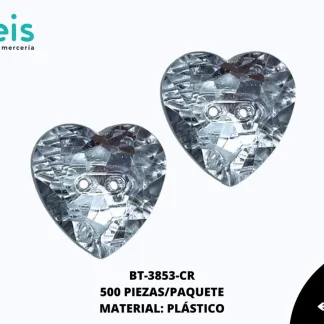 BOTON PLASTICO CORAZON BT-3853-CR 24L (15mm) 500 PZ/PQT CRISTAL