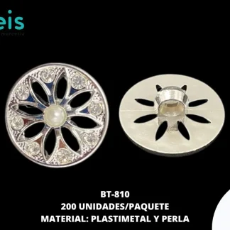 BOTON PLASTICO PATA DECORADOS FLOR PERLA BT-810 34L (21.5mm) 200 PZ/PQT PLATA