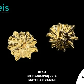 BOTON Y PLACA ZAMACK AMORFO BT1-3 50 PZ/PQT DORADO UV