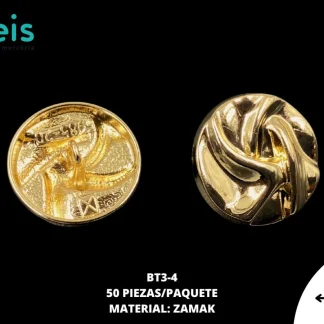 BOTON Y PLACA ZAMACK AMORFO BT3-4 50 PZ/PQT DORADO UV