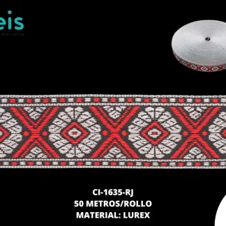 GALON LUREX PLATA 2.5 CM REF: GAR-100 ROJO 50 METROS/ROLLO