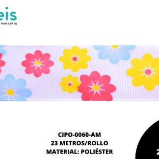 CINTA FAYA POPOTILLO INF BL FLORES 2.5cm REF: 3-202 AMARILLO 23 M/ROLLO