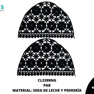 MANGA SEDA DE LECHE TREBOL CON PERLA Y PIEDRA 25 PAR/PQT NEGRO