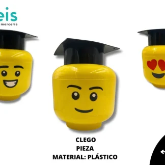ENVASES PLASTICO CABEZA LEGO CON BIRRETE DIFERENTES CARAS CLEGO 13cmX17cm