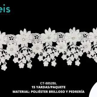 GUIPIUR POLIESTER BRILLOSO DECORADO CT-8852BL BLANCO 9 CM 15 YARDAS/PAQUETE