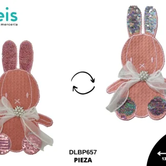 PARCHES BORDADOS Y ESTAMBRE CONEJO MOÑO LENTEJUELA REVERSIBLE DLBP657 13.5cmX21.6cm ROSA