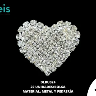 BOTON PLASTICO PATA DECORADOS CORAZON PEDRERIA DLBU024 25mmX30mm 20 PZ/PQT PLATA