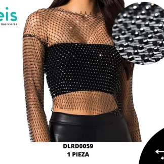 BLUSA MANGA LARGA MALLA PIEDRA NEGRO+CRISTAL