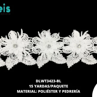 GUIPIUR POLIESTER BRILLOSO DECORADO DLWT3423-BL BLANCO 6 CM 15 YARDAS/PAQUETE
