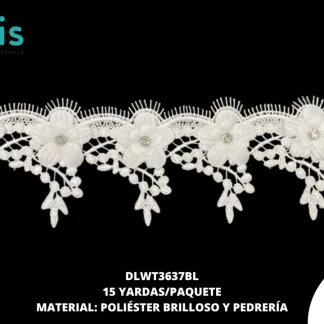 GUIPIUR POLIESTER BRILLOSO DECORADO DLWT3637BL BLANCO 9 CM 15 YARDAS/PAQUETE