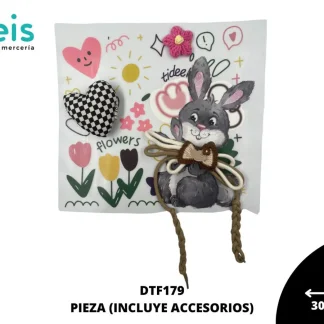 PARCHES DTF DECORADOS CONEJO CON ACCESORIOS LISTON Y MINI PELUCHE DE DTF179 30cmX29cm 50 PZ/PQT
